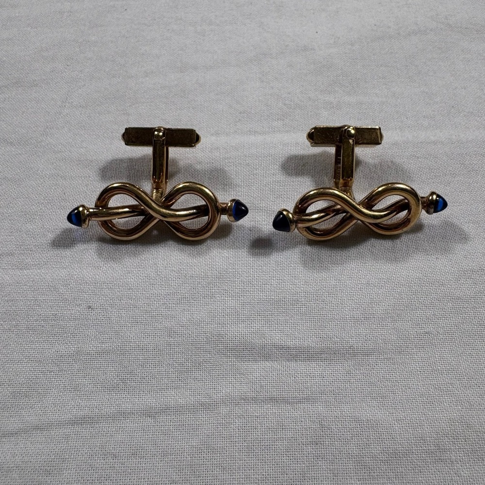 14K Gold Knot Cufflinks with Blue Stones Mens Formal Wear